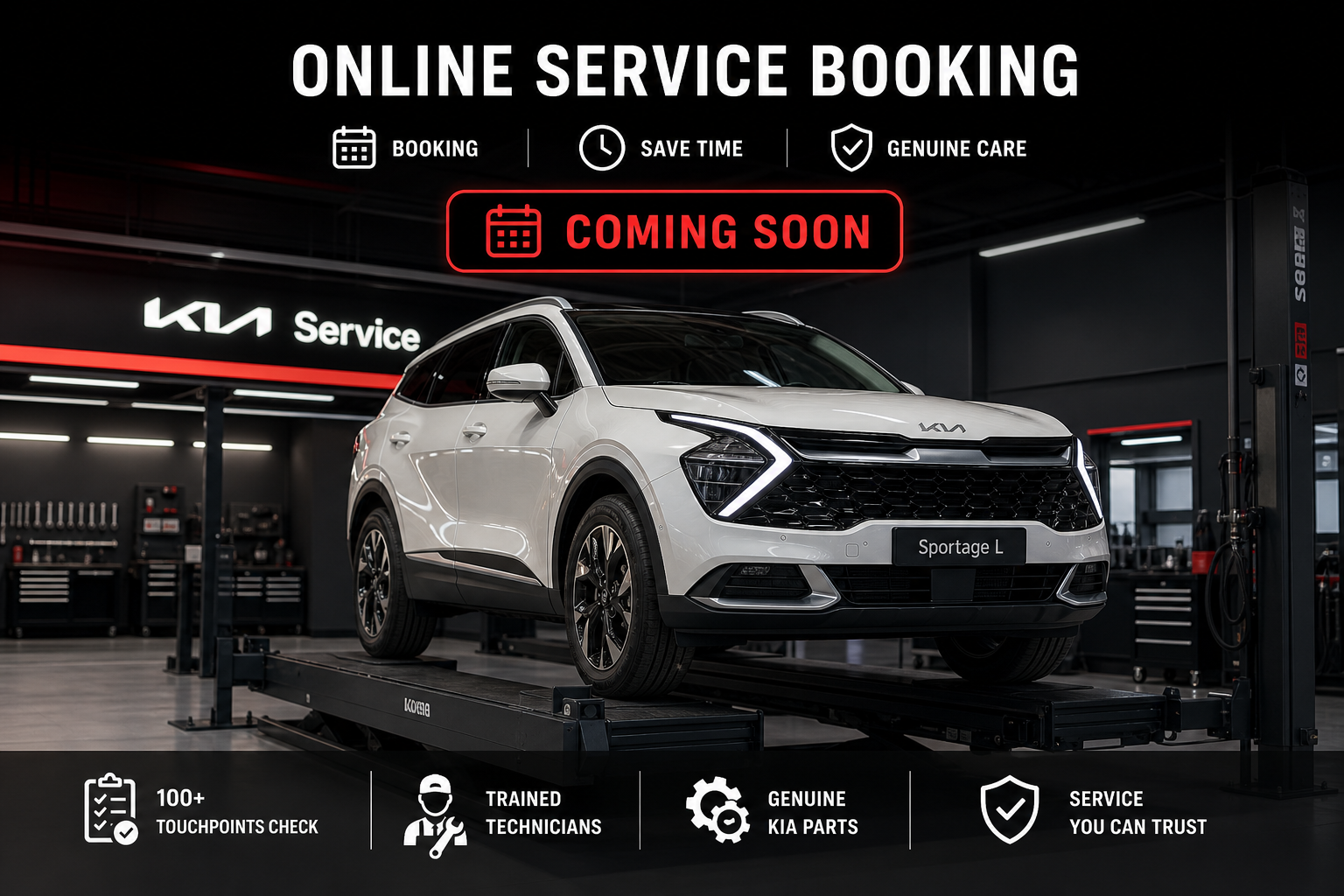 Online service booking at Kia Samaa — 2026 Kia Sportage L service bay, coming soon