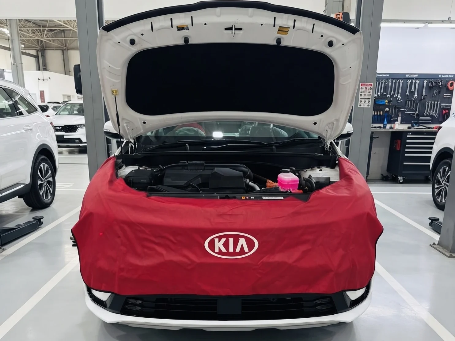 Workshop bay — body and mechanical work at Kia Samaa
